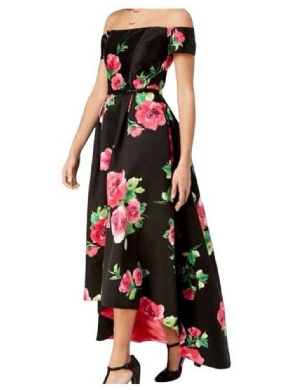 TRIXXI Off-Shoulder Black Floral High-Low Dress NEW